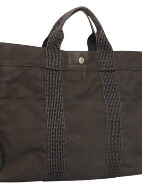 HERMES Her Line MM Tote Bag Canvas Gray Silver Auth ar13480